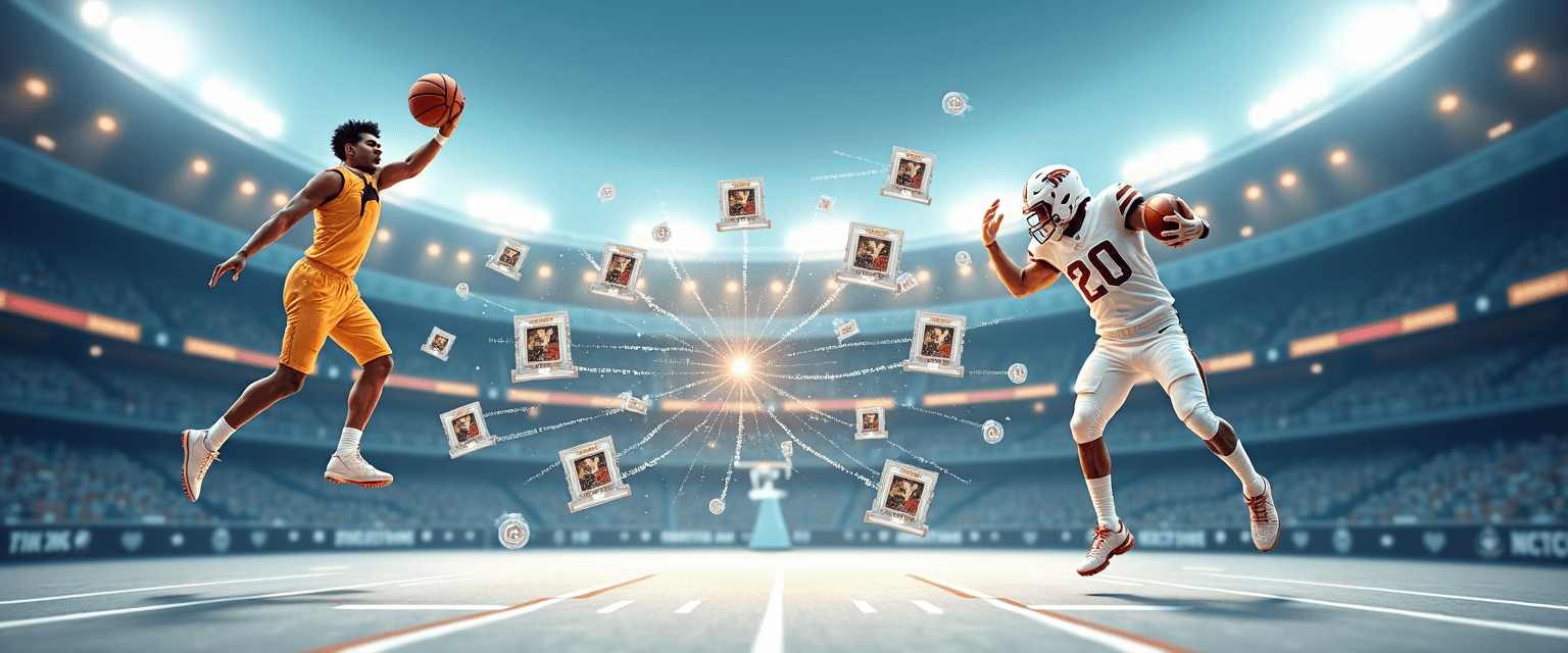 Illustration showing athletes in action, with basketball and football moments being captured as NFT digital collectibles, highlighting the connection between sports and blockchain-based trading.